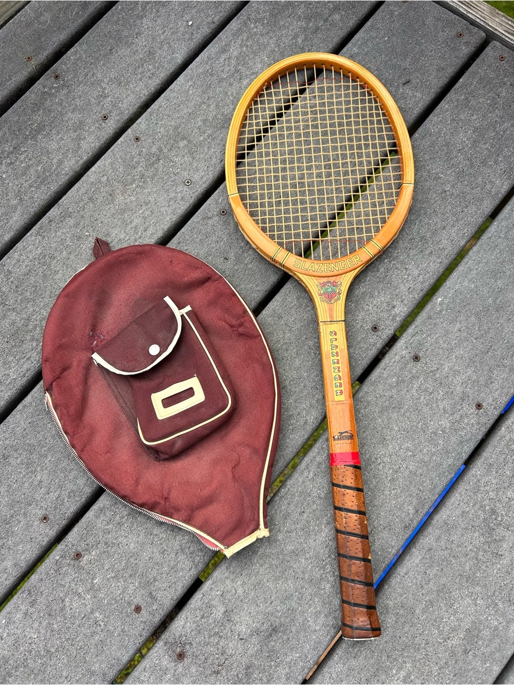 Slazenger Wooden Tennis Racket with Maroon Cover